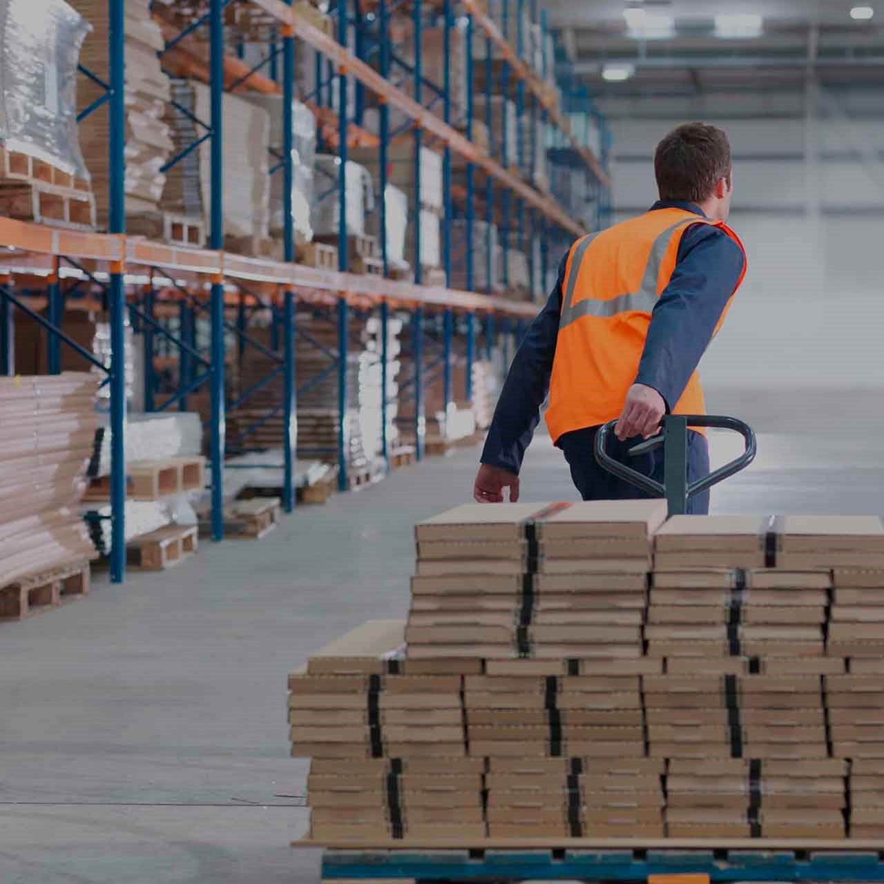 Un homme de dos tir un transpalette avec des petits cartons dans un entrepôt