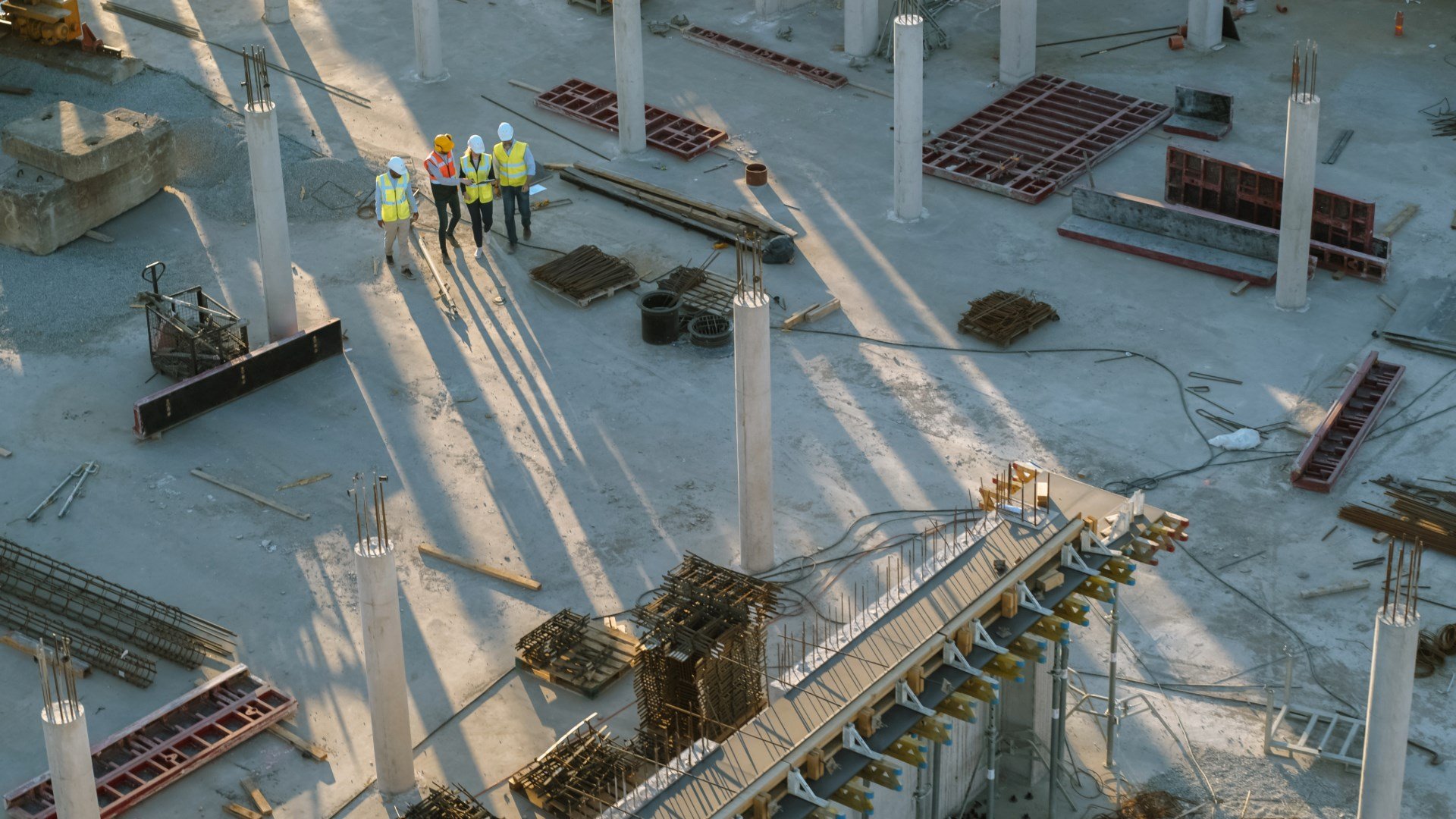 Photo d'un chantier avec quatre ouvriers marchant dans un bâtiment en construction. Des matériaux et des outils sont visibles posés sur le sol.