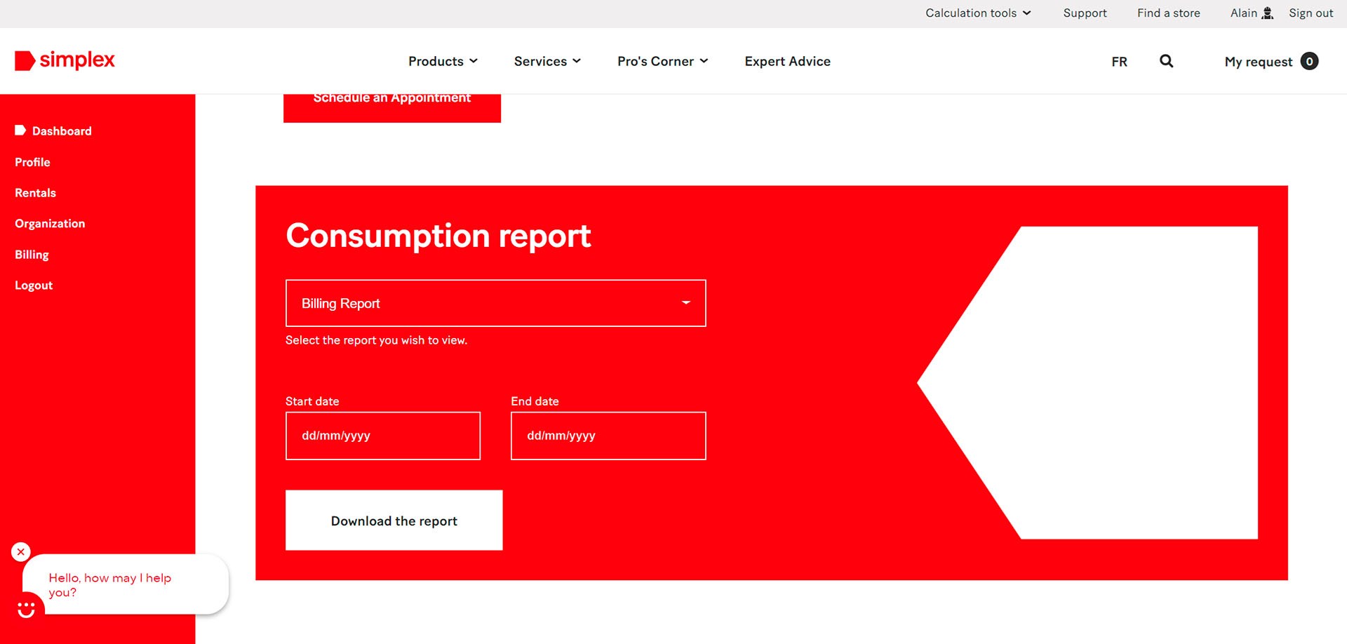 Content area of the 'Consumption report' in the client portal with menus to choose the type of report, start and end dates, and a 'Download the report' button.