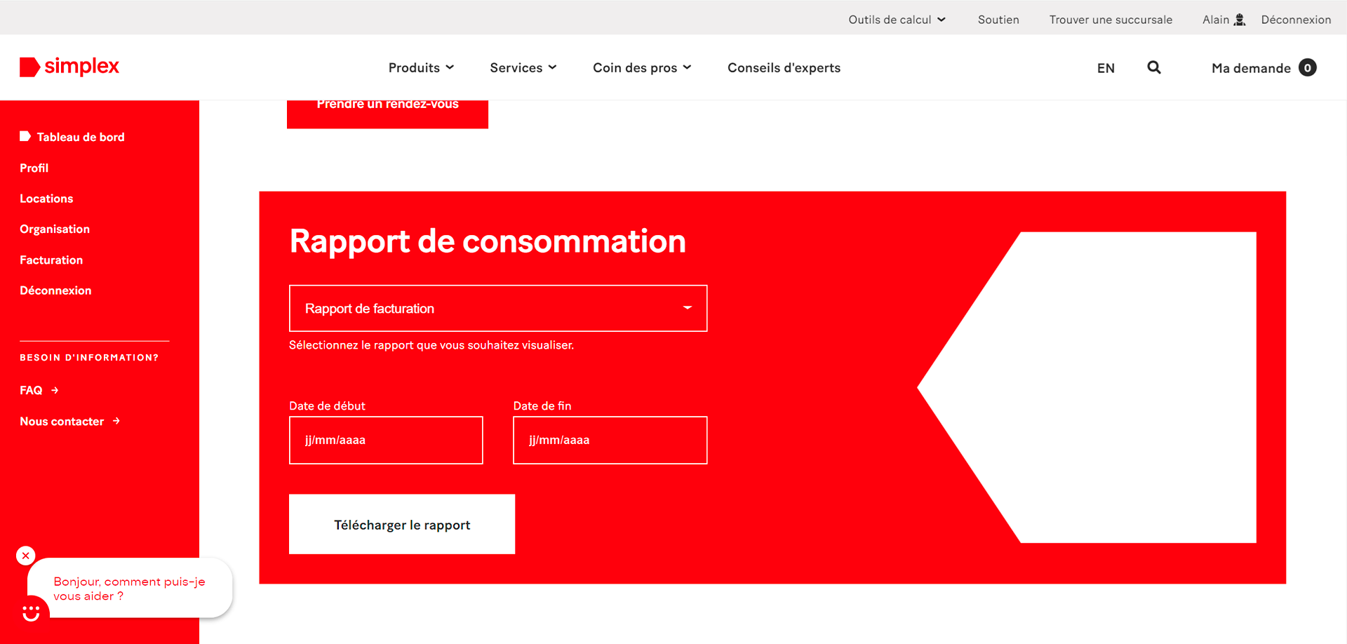 Zone de contenu de l'espace client ‘Rapport de consommation’ avec des menus pour choisir le type de rapport, les dates de début et de fin, et un bouton ‘Télécharger le rapport’.